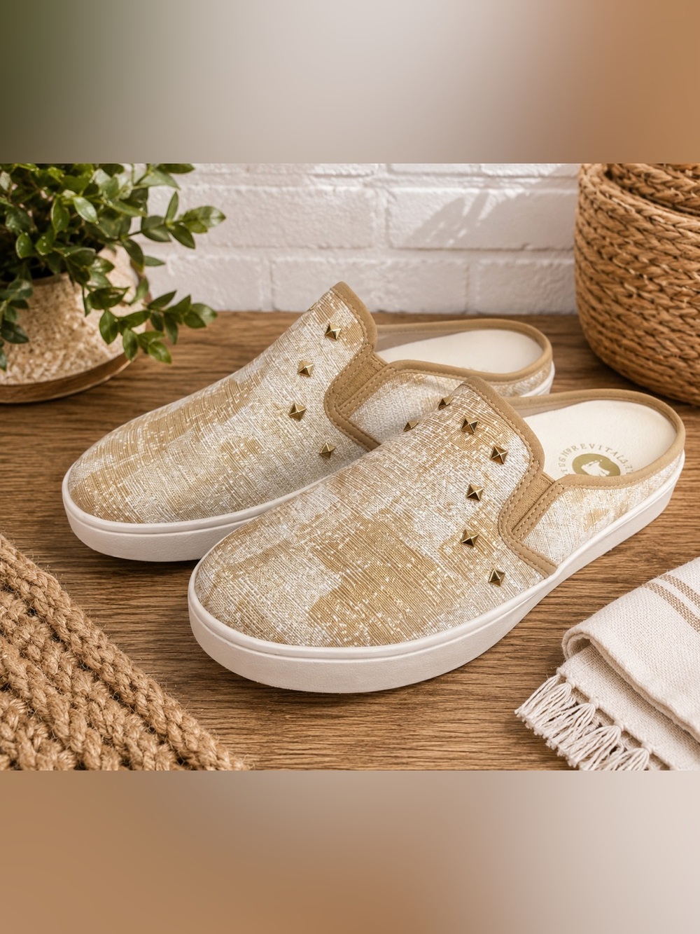 Revitalign Women’s 9D Metallic Gold Studded Slip On Mule Sneakers #42Tan